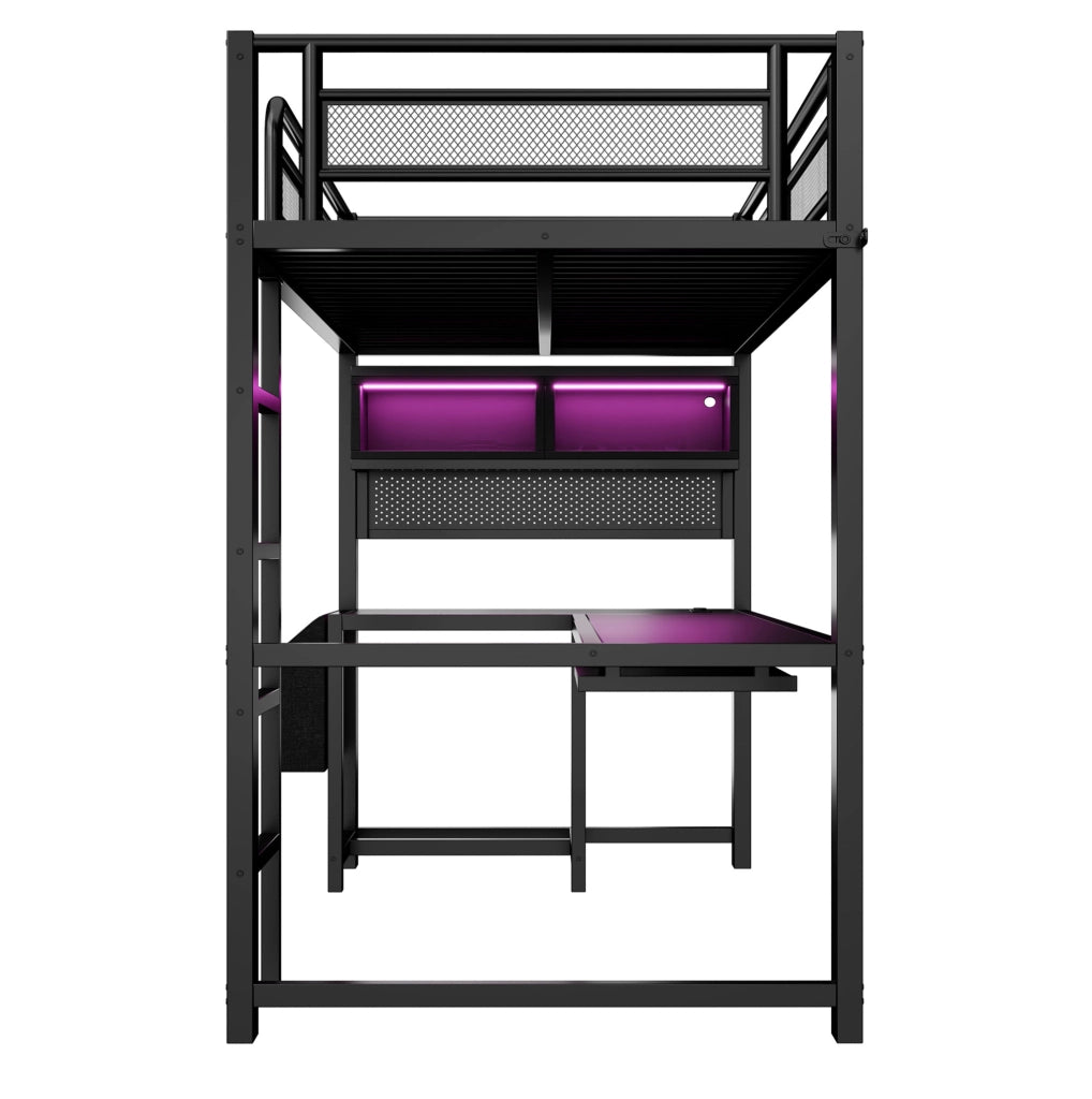 Letto a soppalco 90x200 cm con scrivania; LED e presa di ricarica in MDF e metallo nero
