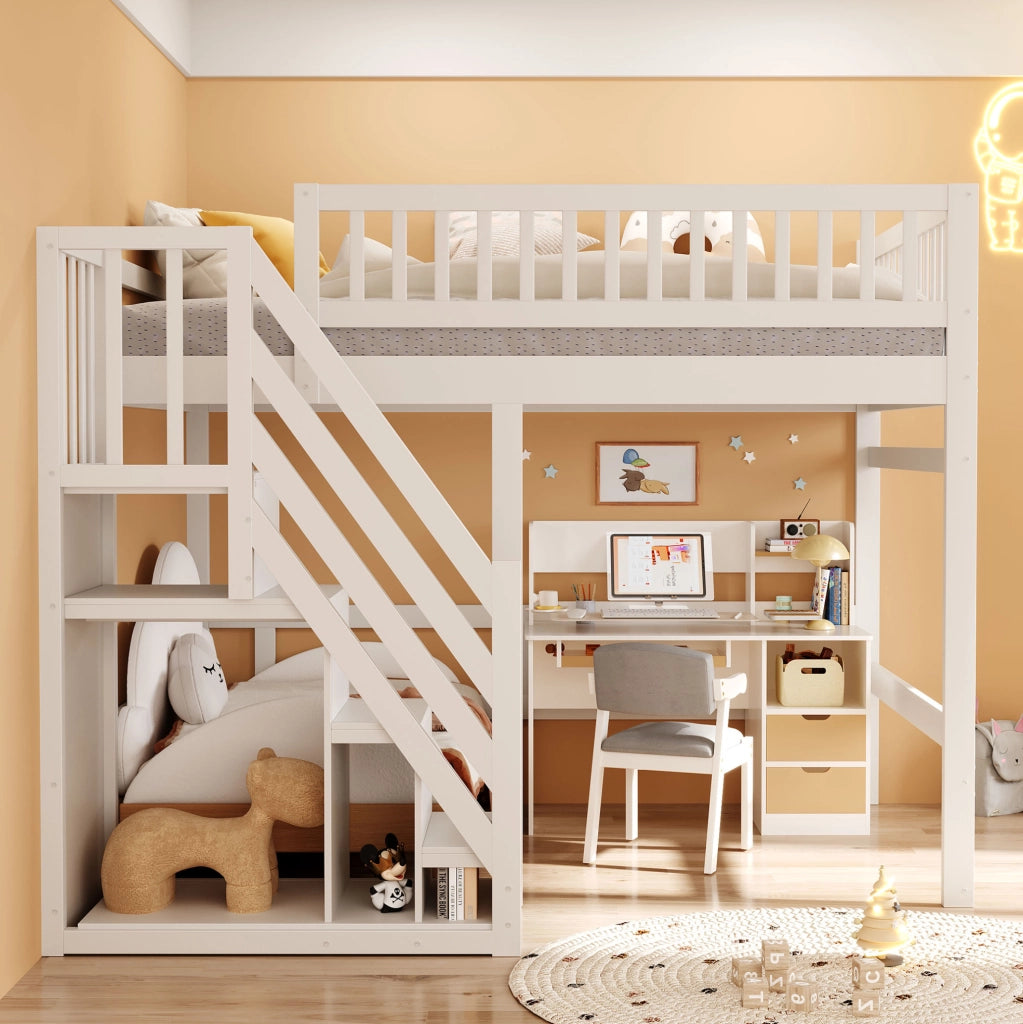 LETTO a soppalco 140x200 cm con scala contenitore, bianco, per bambini e ragazzi
