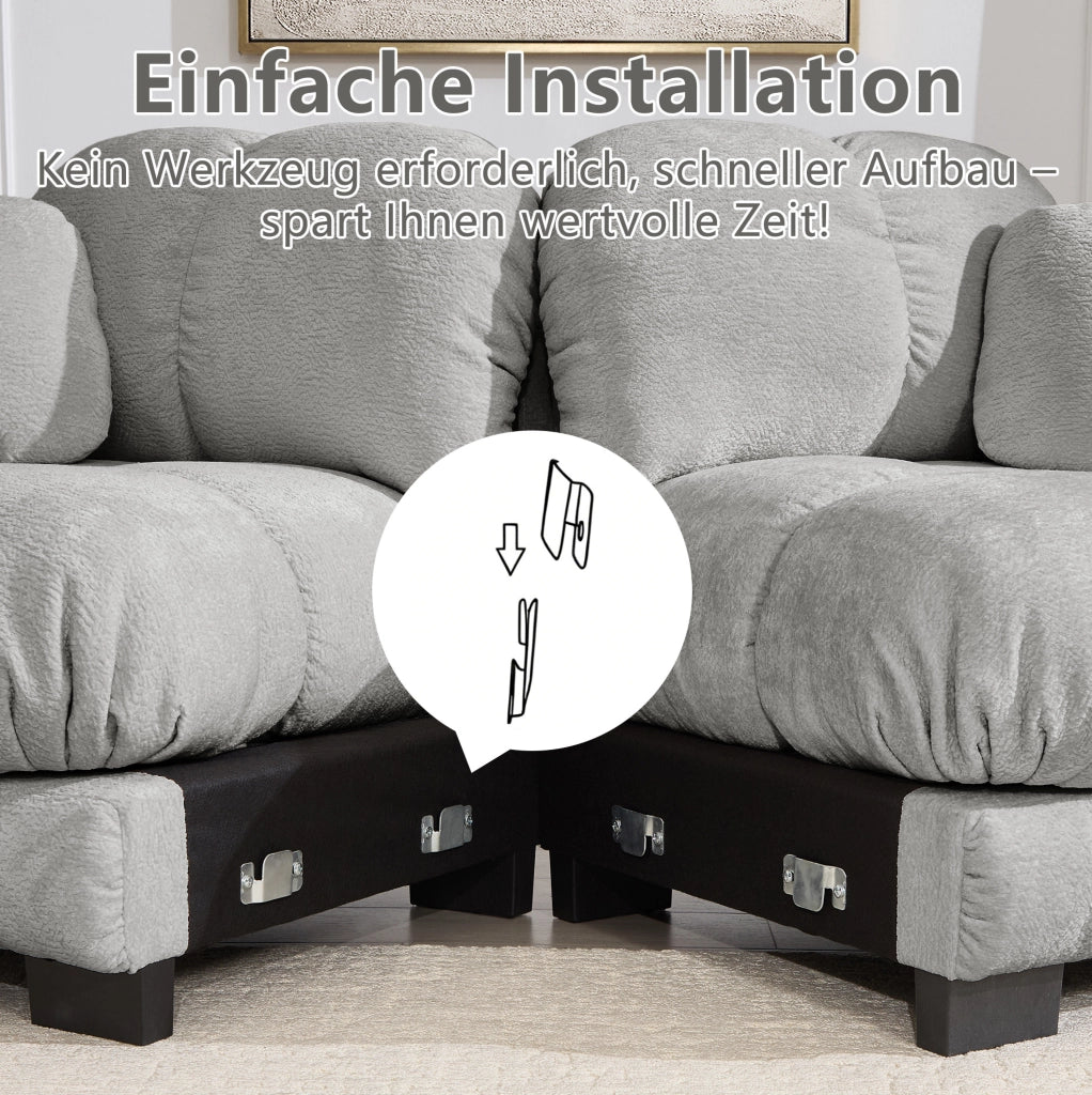 Divano modulare in chenille con cuciture trapuntate e cuscino mobile 330x86x90 cm; grigio chiaro