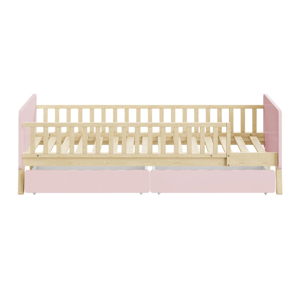 Letto singolo per bambini 90x190 - Zephmum - In legno massello con 2 cassetti e rete a doghe, rosa