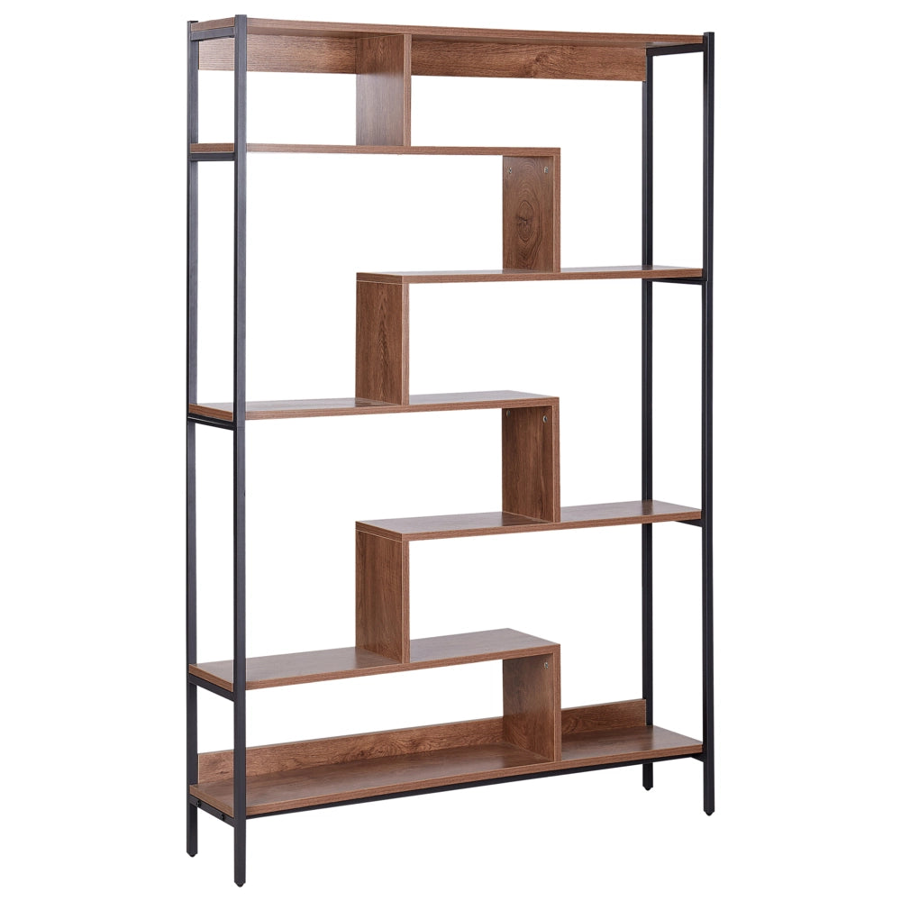Libreria a 6 ripiani Ripiani in legno scuro Metallo Nero Struttura in acciaio comodino con schienale aperto stile moderno