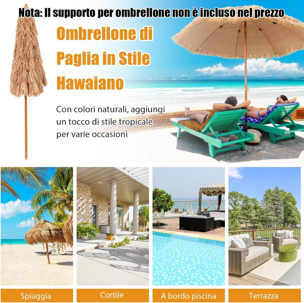 Ombrellone da Spiaggia 205 cm, Ombrellone di Paglia con 8 Stecche, Parasole Hawaiano in Paglia PP a 7 Livelli, per Spiaggia Giardino Piscina