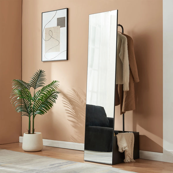 Specchio da Terra Saden con Appendiabiti e Vano Portaoggetti 165 x 40 x 51 cm - Nero [en.casa]