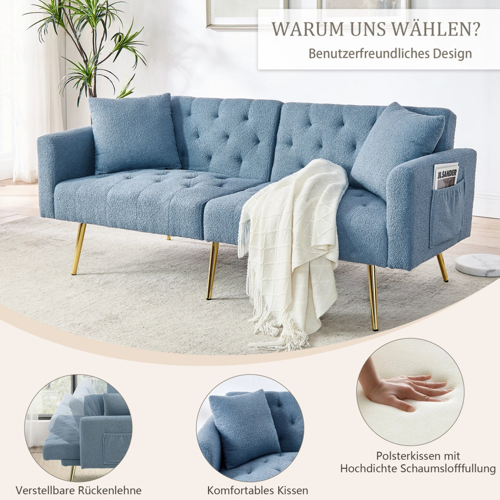 Divano a 2 posti con schienale reclinabile a 3 livelli e 2 cuscini, gambe in metallo dorato, teddy fleece blu