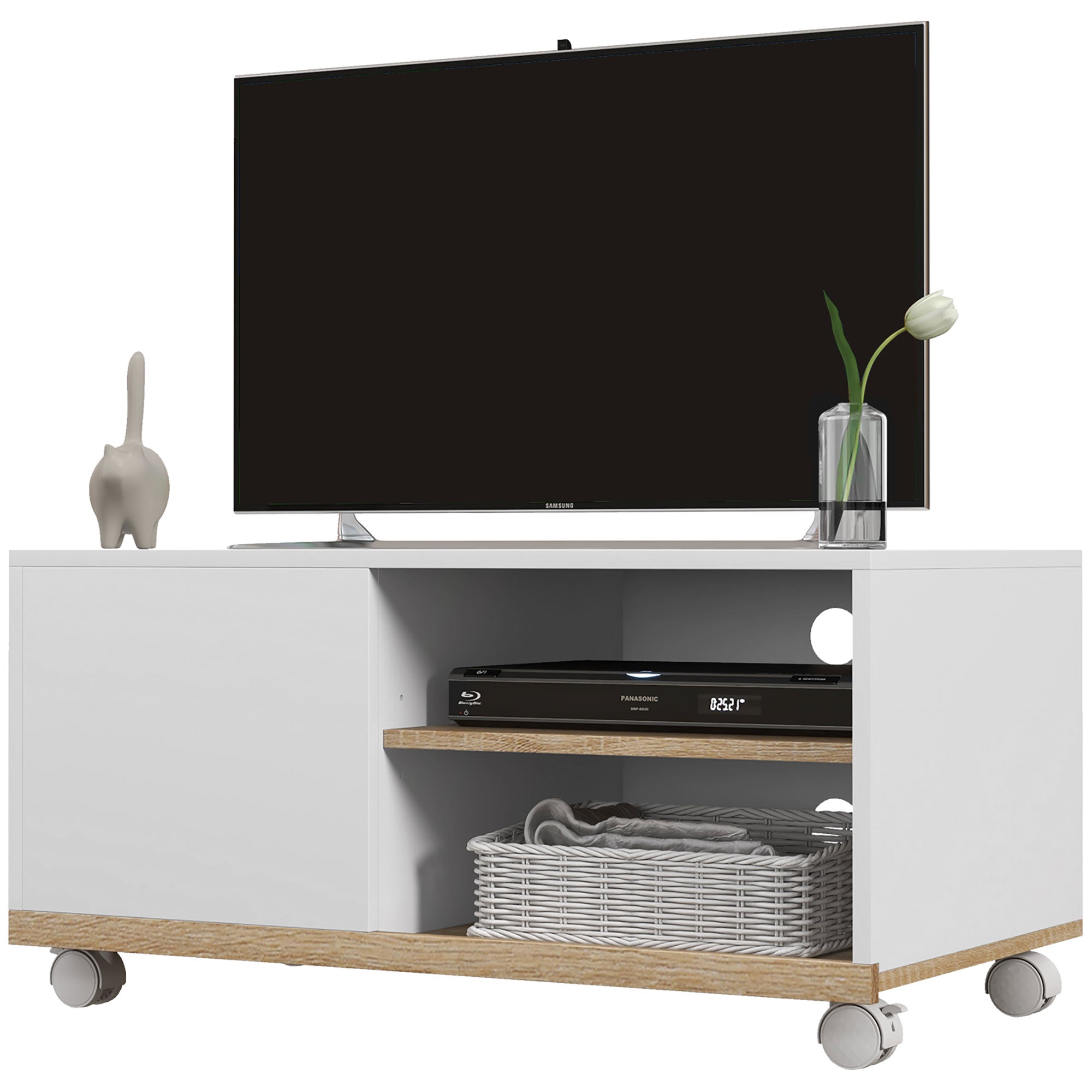 Mobile TV 42" Max con 2 Ripiani Aperti e Anta e Ruote 80x45x39.5 cm in Truciolato Bianco