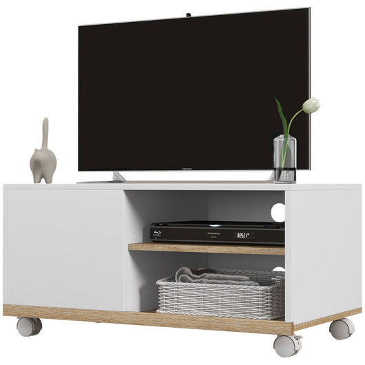 Mobile TV 42" Max con 2 Ripiani Aperti e Anta e Ruote 80x45x39.5 cm in Truciolato Bianco