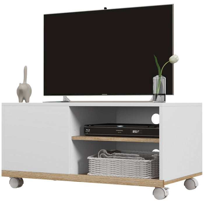 Mobile TV 42" Max con 2 Ripiani Aperti e Anta e Ruote 80x45x39.5 cm in Truciolato Bianco