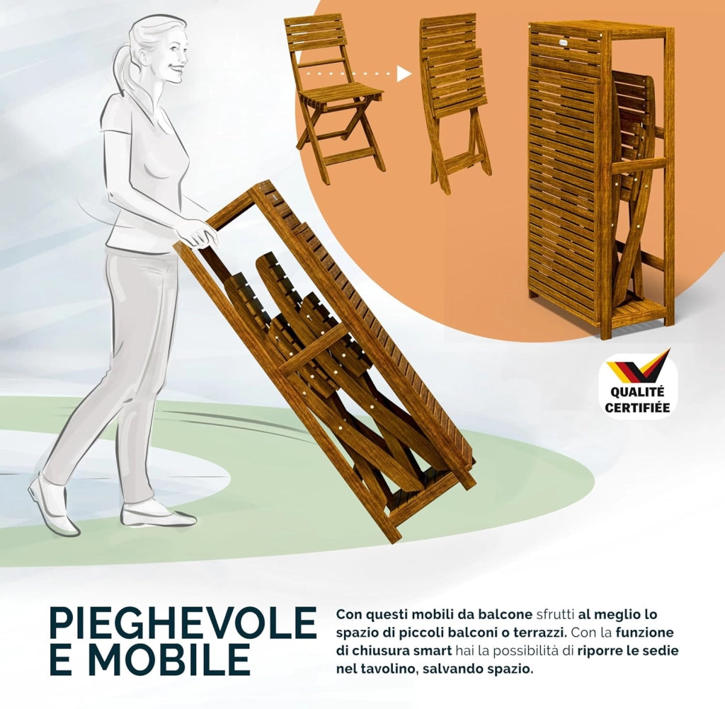 ® Set da balcone per 2 persone, resistente alle intemperie, pieghevole, in legno, 160 kg, con certificazione FSC®, 95 x 117 cm, 3 pezzi, colore marrone