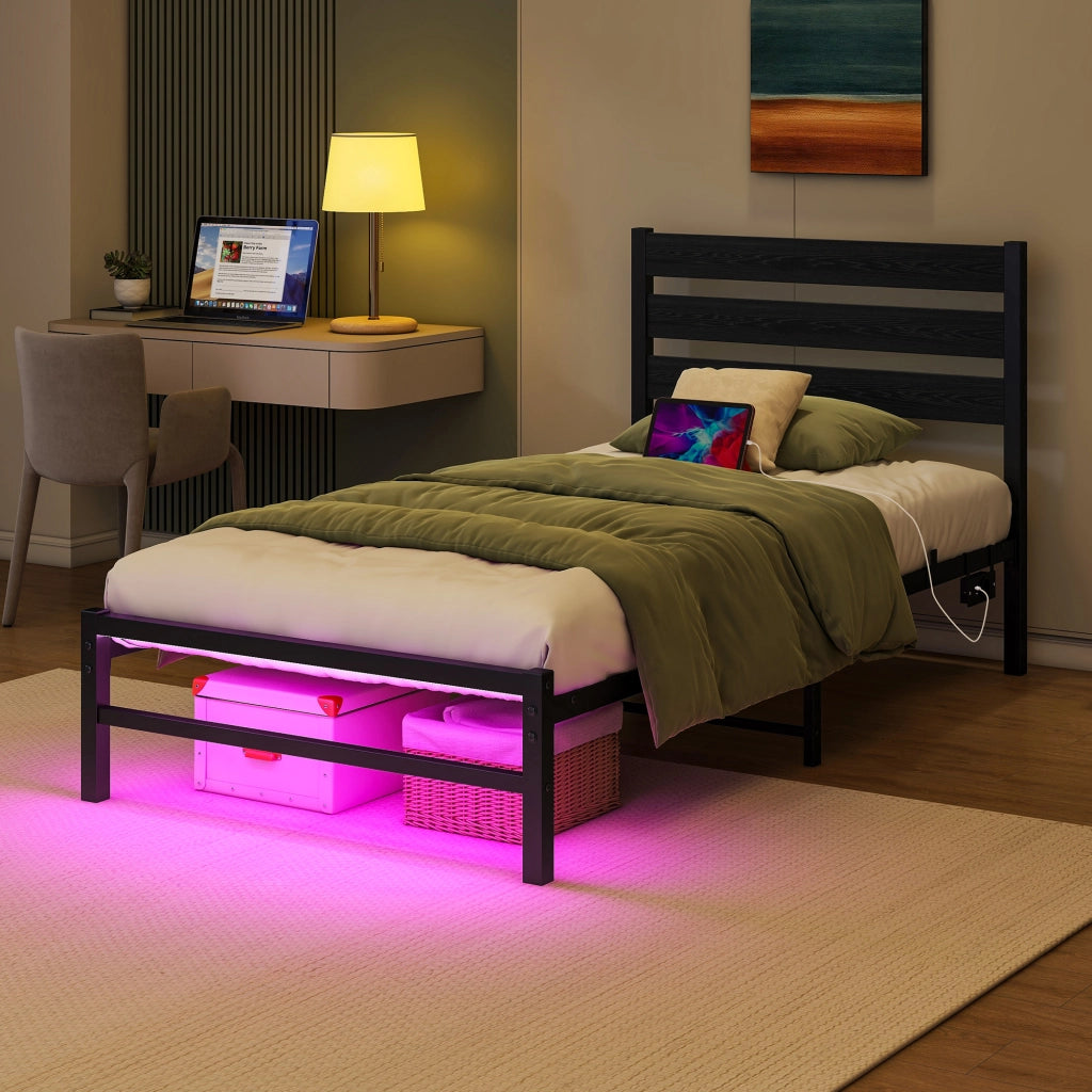 Letto in metallo con LED USB 90x200 MDF nero e metallo