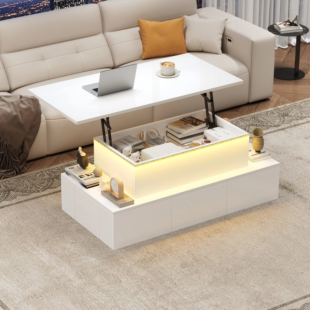 Tavolino da Salotto Sollevabile Bianco Lucido con LED e 4 Cassetti 100x50x40 cm