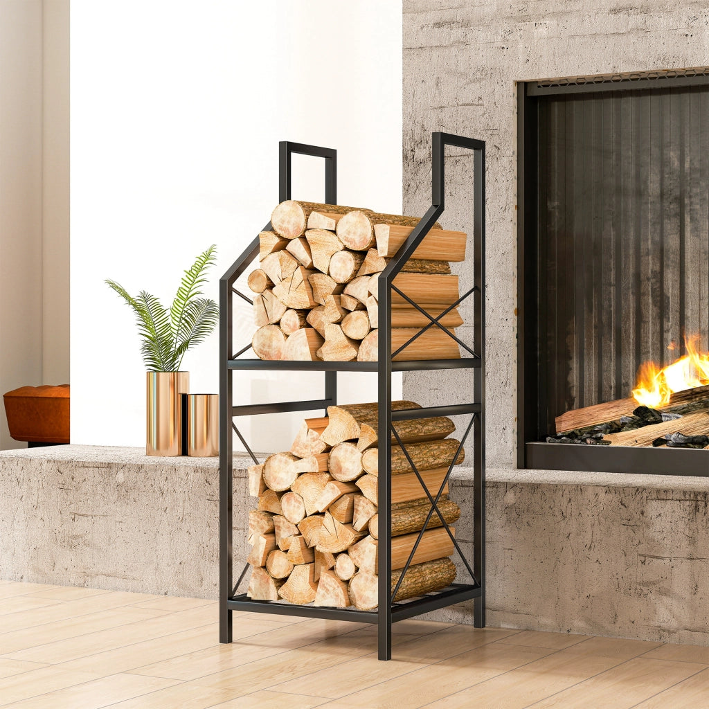 Portalegna a 2 Livelli 34x30x80cm per Interno Esterno in Metallo Nero