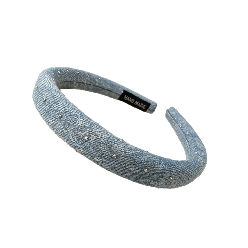 Cerchietto sottile in denim blu con strass, nuovo modello 2026, scintillante, unico, versatile.