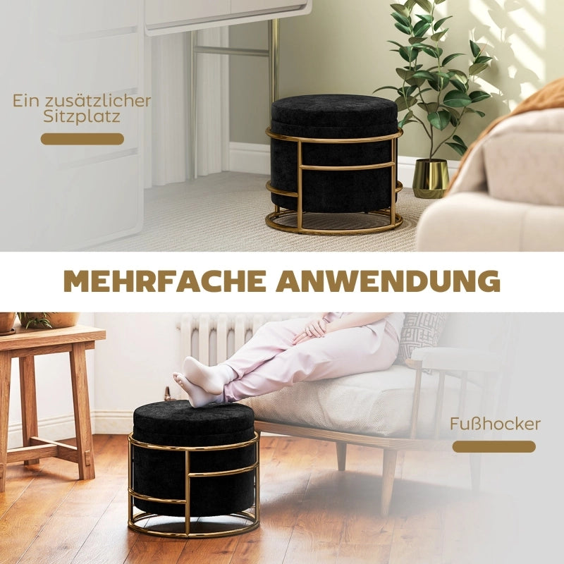 POUF Contenitore Ø42x39 cm Velluto Nero con Struttura in Acciaio Dorato
