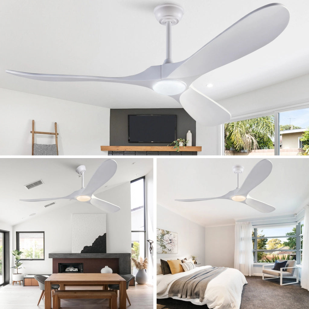 Ventilatore da soffitto 60 pollici con luce LED; telecomando; 3 pale in legno massello; bianco