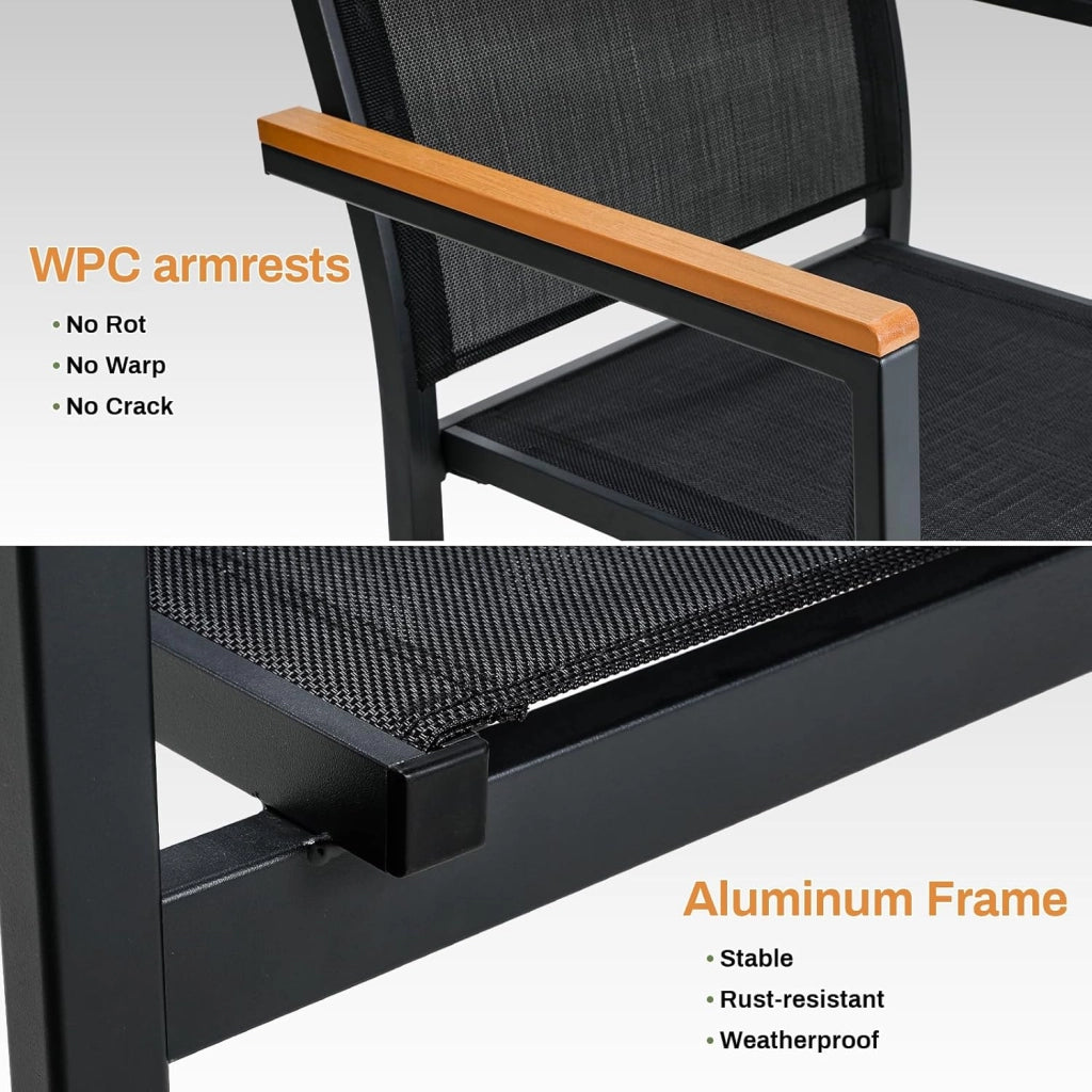 Sedie Da Giardino set da 4, Sedia impilabile per sala da pranzo in alluminio, Corrimano in WPC, Sedie Da Esterno Per Esterni, per terrazza, balcone, terrazza, piscina, ristorante, Nero