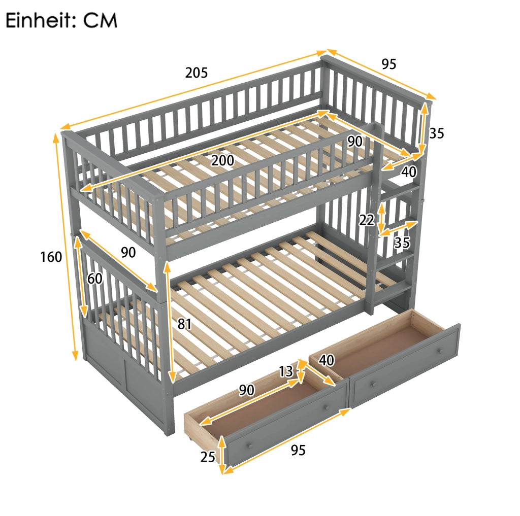 Letto a castello 90x200 cm trasformabile con 2 cassetti; sponde alte; legno e MDF grigio