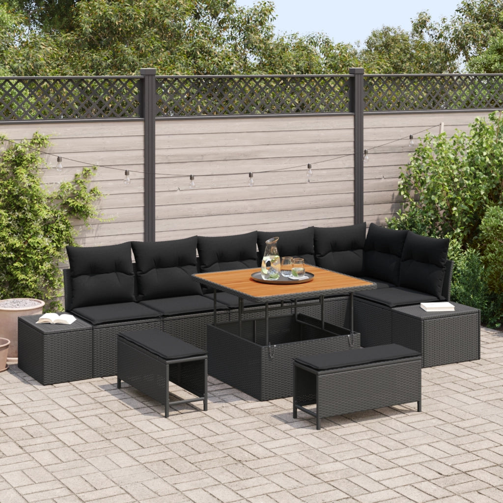 Set Divano da Giardino 9 Pezzi con Cuscini Nero Polyrattan Acacia