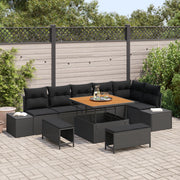 Set Divano da Giardino 9 Pezzi con Cuscini Nero Polyrattan Acacia
