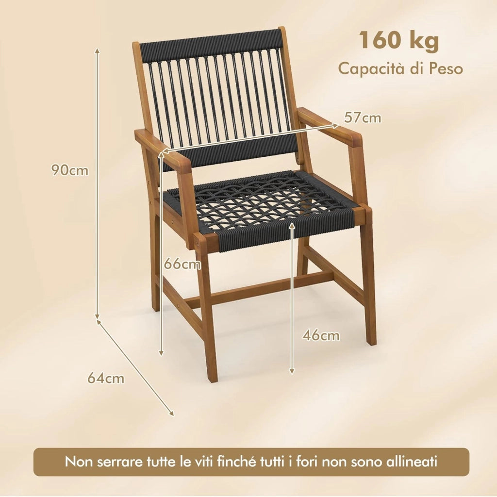 Set di 2 Sedie da Pranzo in Legno di Acacia per Esterno, Sedie da Giardino Intrecciate con Braccioli, per Cucina Patio Prato Giardino