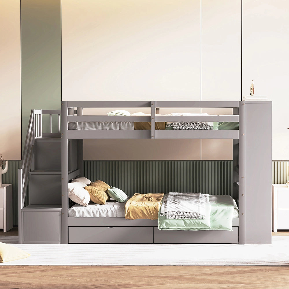 Letto a castello 90x200 cm - Xylo - Grigio con scala di sicurezza e cassetti