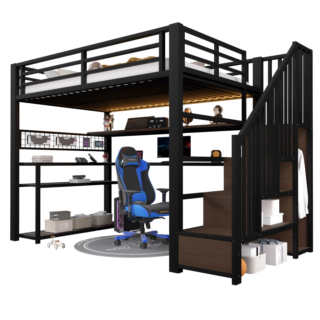 Letto a soppalco da gaming 90x200 in metallo nero con scrivania e armadio, LED integrati