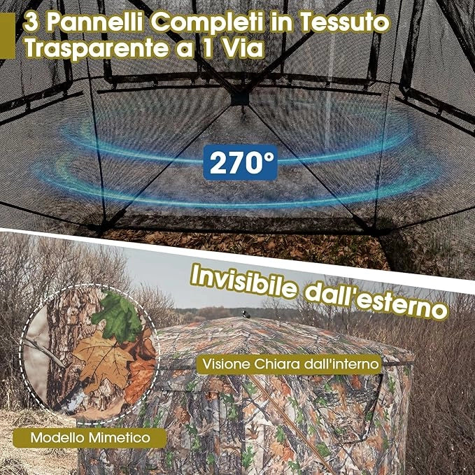 Tenda da Caccia Portatile a 270 Gradi Trasparente, Tenda a Caccia per 2-3 Persone con Finestre Scorrevoli Silenziose, Borsa per Trasporto