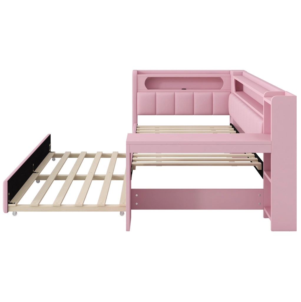 Letto a giorno imbottito 90x200 cm rosa con LED; USB; letto estraibile e scrittoio