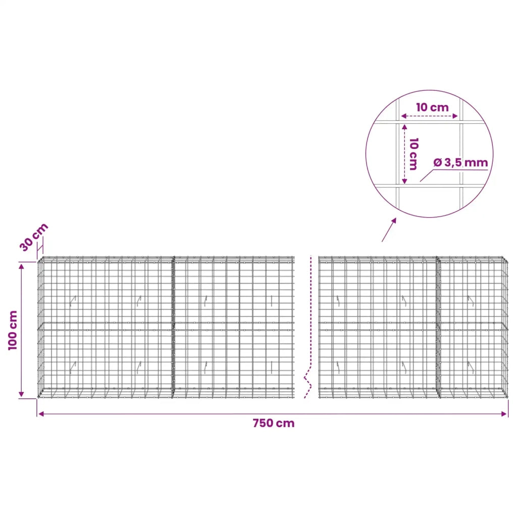 Gabione con Filo da 3,5 mm e Rete da 10x10 cm 750x30x100 cm 3463209