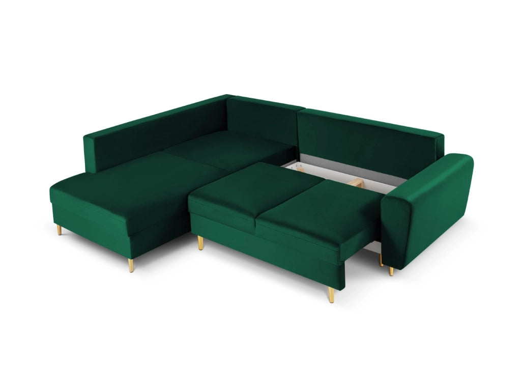 Cosmopolitan Design - Divano convertibile angolare sinistro con contenitore "Kyoto" 5 posti in velluto verde bottiglia 