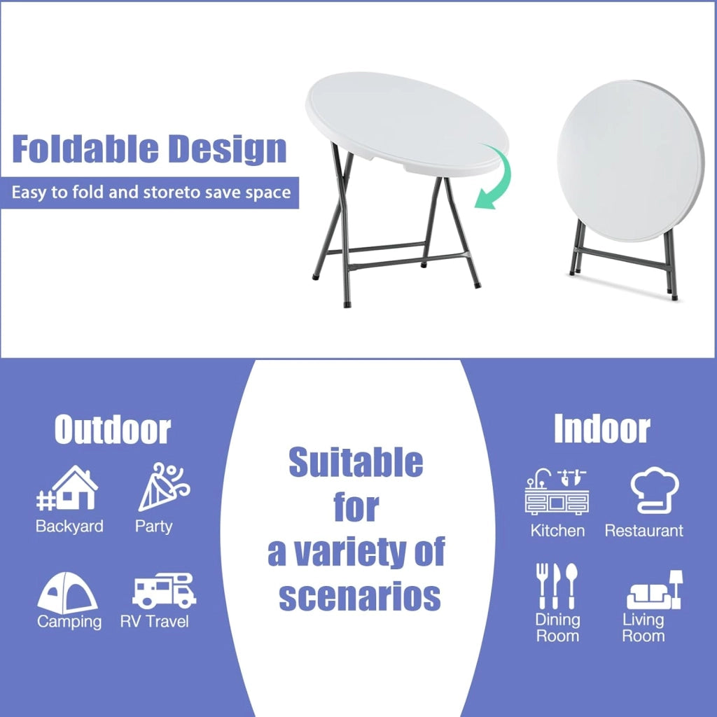 Tavolo da campeggio pieghevole in HDPE, tavolo rotondo φ81 cm, carico 75 kg, tavolo da picnic per interni ed esterni, altezza 73,5 cm, per giardino, barbecue, feste, bianco