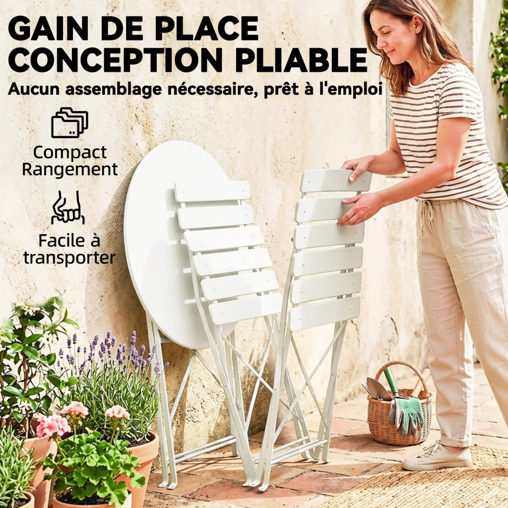 Set Giardino 3 Pezzi ¨C Minimal ¨C Tavolo e 2 Sedie Pieghevoli, Lattes, Antiruggine, Crema