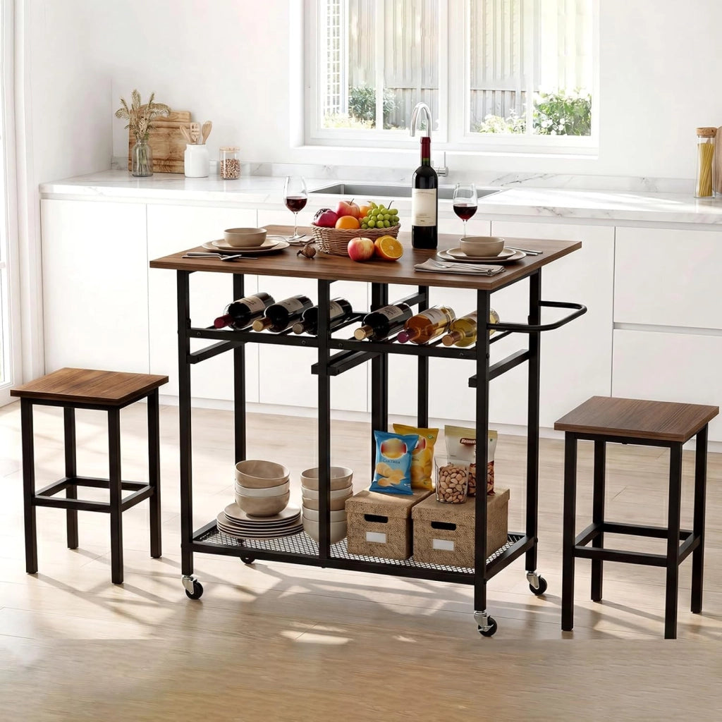 Set Tavolo da Pranzo Pieghevole 3 Pezzi, Tavolo Salvaspazio Estendibile con 2 Sgabelli con Ruote, Portabottiglie da 6 Posti, Ripiani e Maniglia Laterale per Cucina (Marrone,Modello 2)