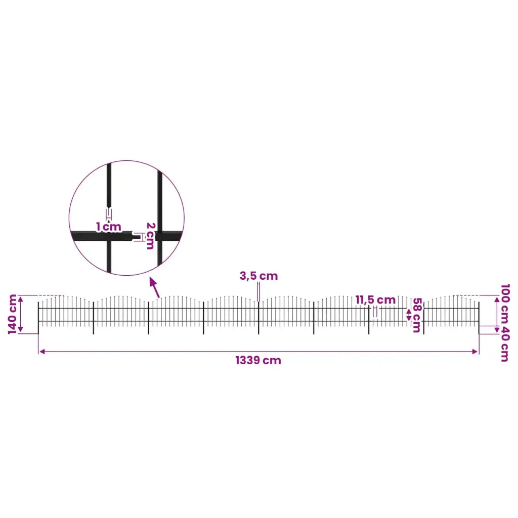 Recinzione da Giardino con Punta a Lancia in Acciaio 1339x100 cm Nera 277719