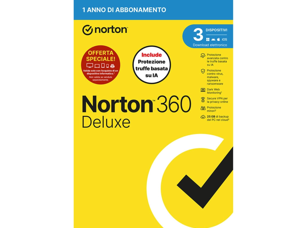 Norton 360 Deluxe 2026 - Antivirus per 3 Dispositivi Licenza 1 Anno + 25GB Cloud