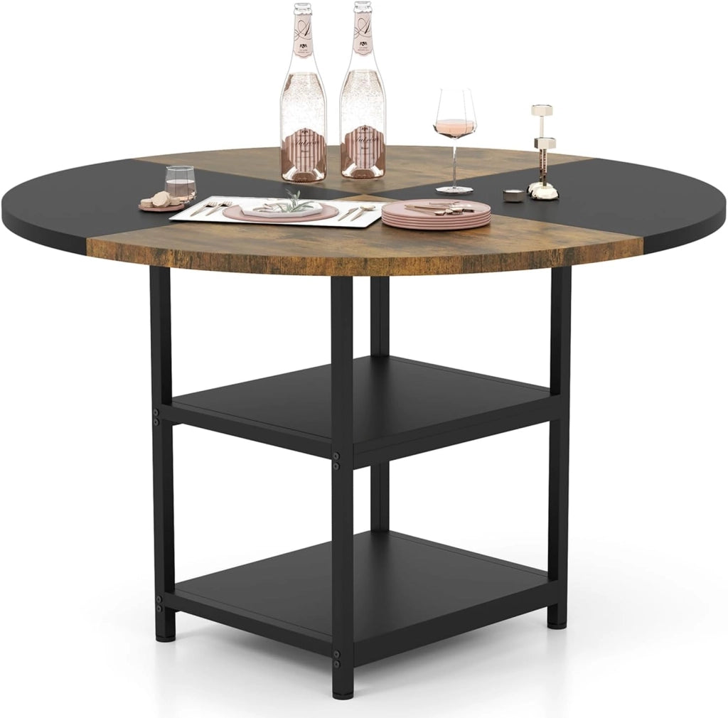 Tavolo da pranzo rotondo a 3 livelli, tavolo da cucina φ 120 cm per 4-6 persone, 2 ripiani aperti, stile industriale, telaio in metallo, per sala da pranzo, soggiorno