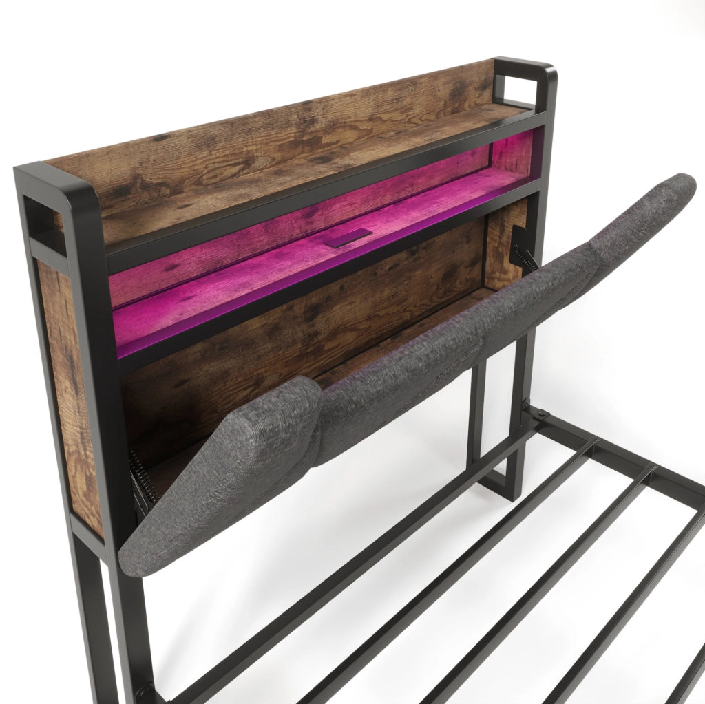 Letto singolo 90x200 cm con LED; USB C e testiera contenitore con cassetto; tessuto di lino grigio