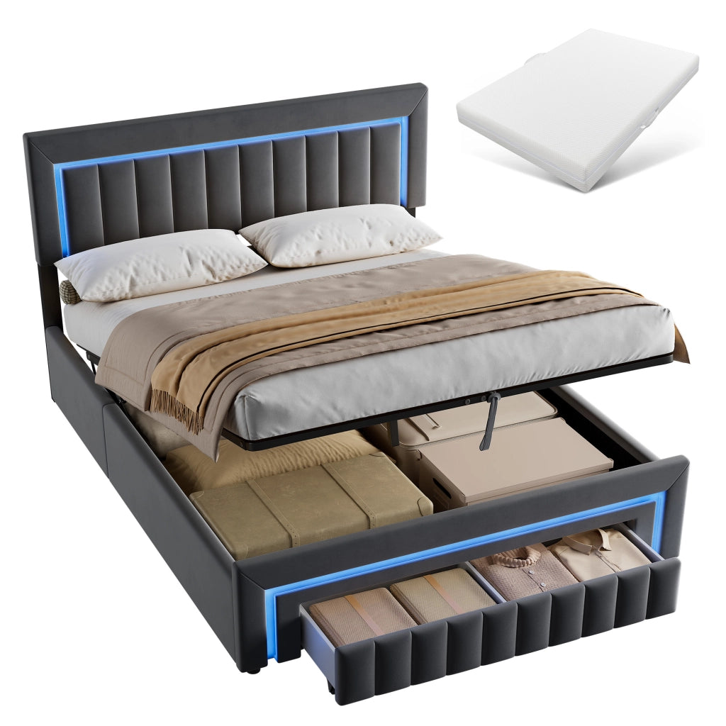 Letto matrimoniale imbottito 160x200 cm grigio scuro in velluto con LED e cassetti