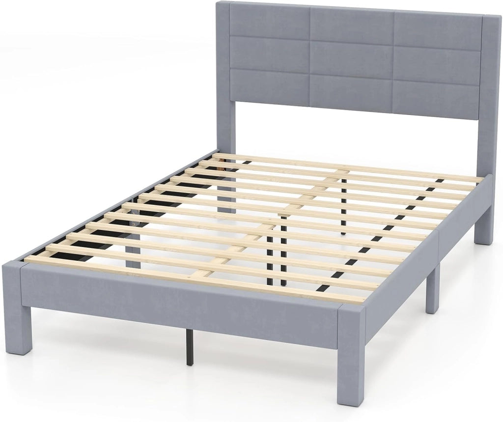 Struttura Letto Imbottito Matrimoniale 140x200 cm, Letto Piattaforma Imbottito, con Testiera in Morbido Tessuto di Velluto e Supporto a Doghe di Legno, Silenzioso, Carico 250kg (Stile 1)