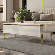 Tavolino da salotto 100x50x36 cm con cassetti su entrambi i lati; pannello truciolare bianco