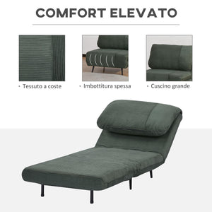 Poltrona Letto Singolo Trasformabile 82x89x83 cm in Legno e Acciaio Tessuto Velluto a Coste Verde