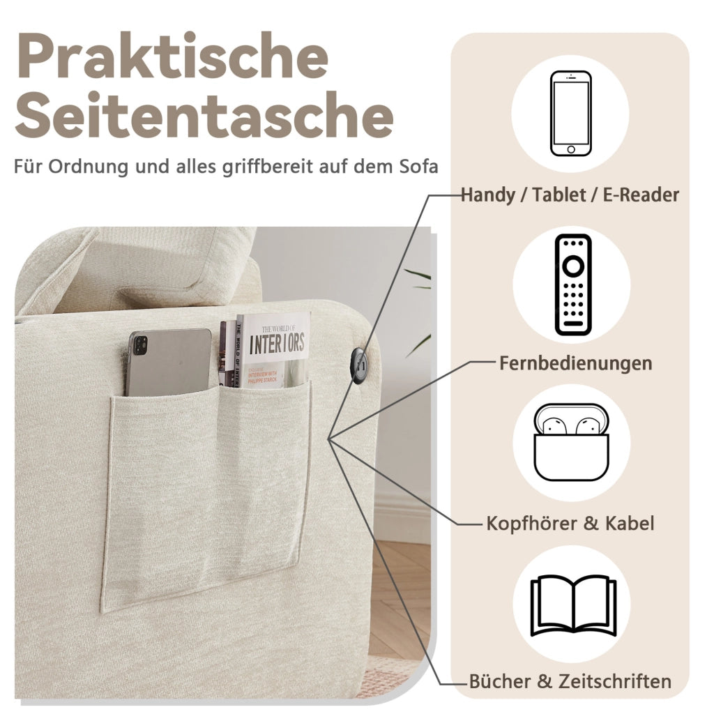 Divano relax 2 posti in ciniglia beige con ricarica USB; tasche laterali e portabevande