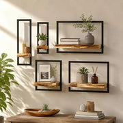 5-piece Wall Shelf Set, Solid Acacia Wood And Steel