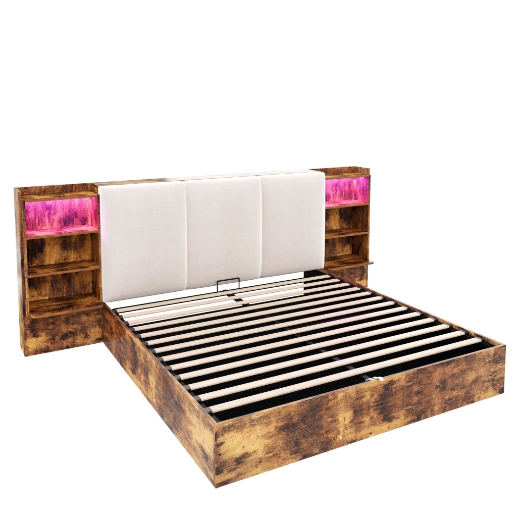 Letto Contenitore 180 x 200 cm - 6 Vani; LED Regolabile e Testiera Imbottita - Marrone