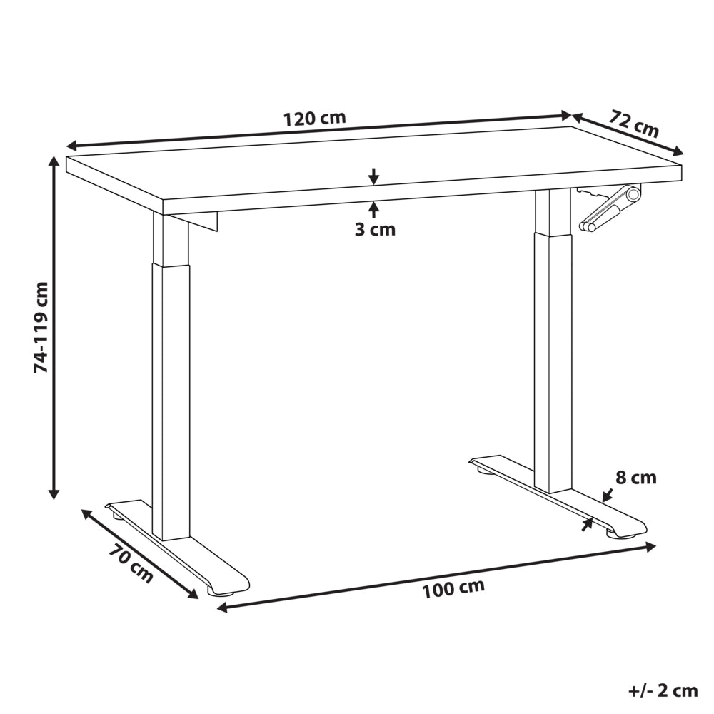 Scrivania regolabile manualmente in altezza Piano del tavolo marrone scuro Telaio in acciaio bianco 120 x 72 cm Piedi quadrati Design moderno Ufficio