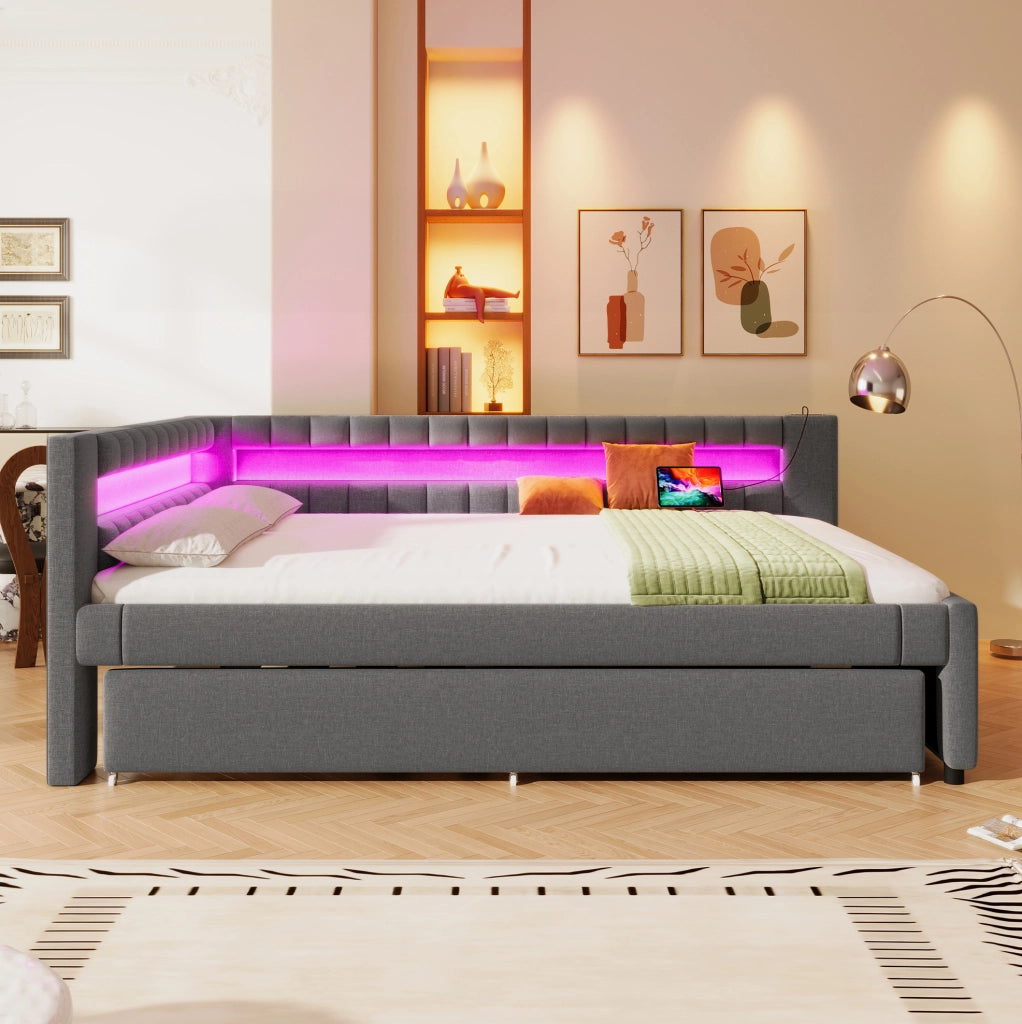 Letto da giorno 140x200 cm con letto estraibile, LED e USB-C