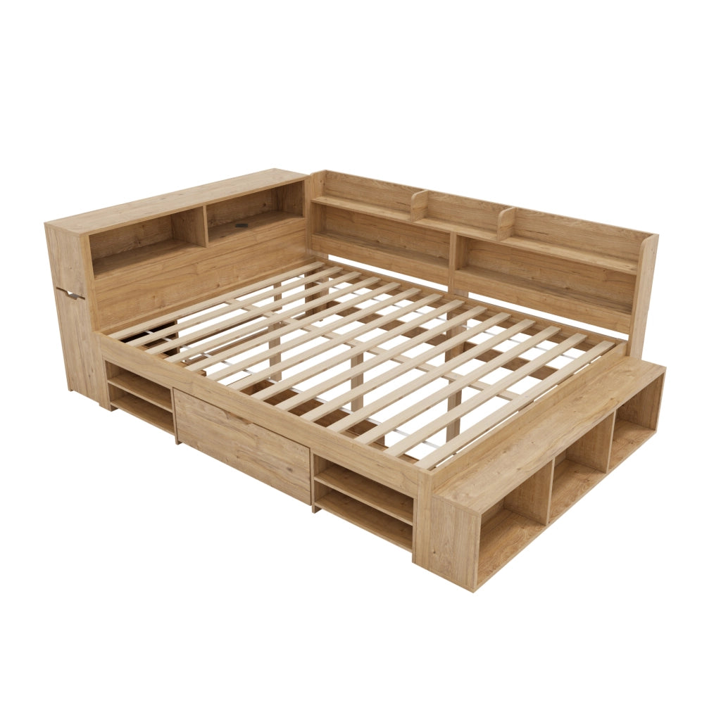 Letto per bambini 140x200 cm con cassetto; librerie e armadi contenitore in compensato; naturale