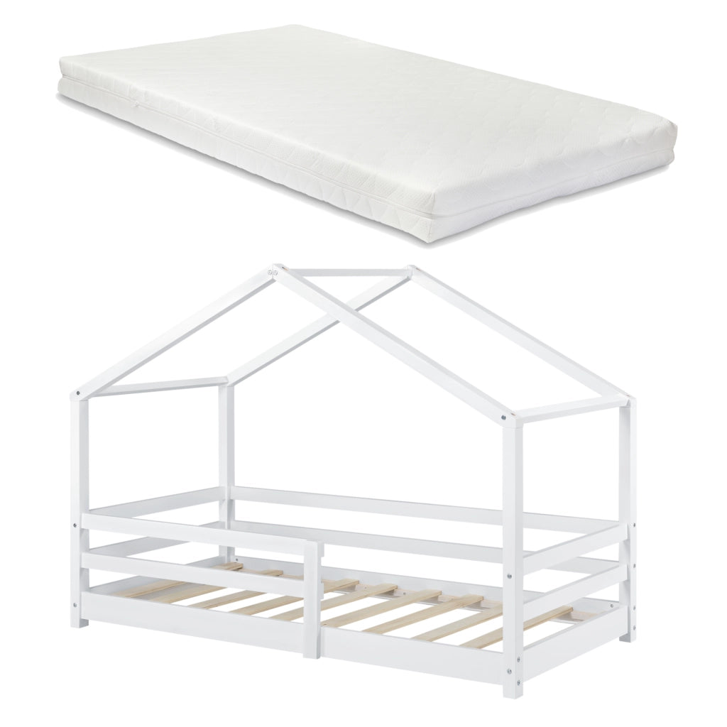 Letto per Bambino a Forma di Casetta con Barriere di Sicurezza e Materasso Ortopedico 90 x 200 cm Lettino in Legno di Pino con Sponde - Bianco