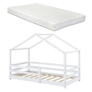 Letto per Bambino a Forma di Casetta con Barriere di Sicurezza e Materasso Ortopedico 90 x 200 cm Lettino in Legno di Pino con Sponde - Bianco
