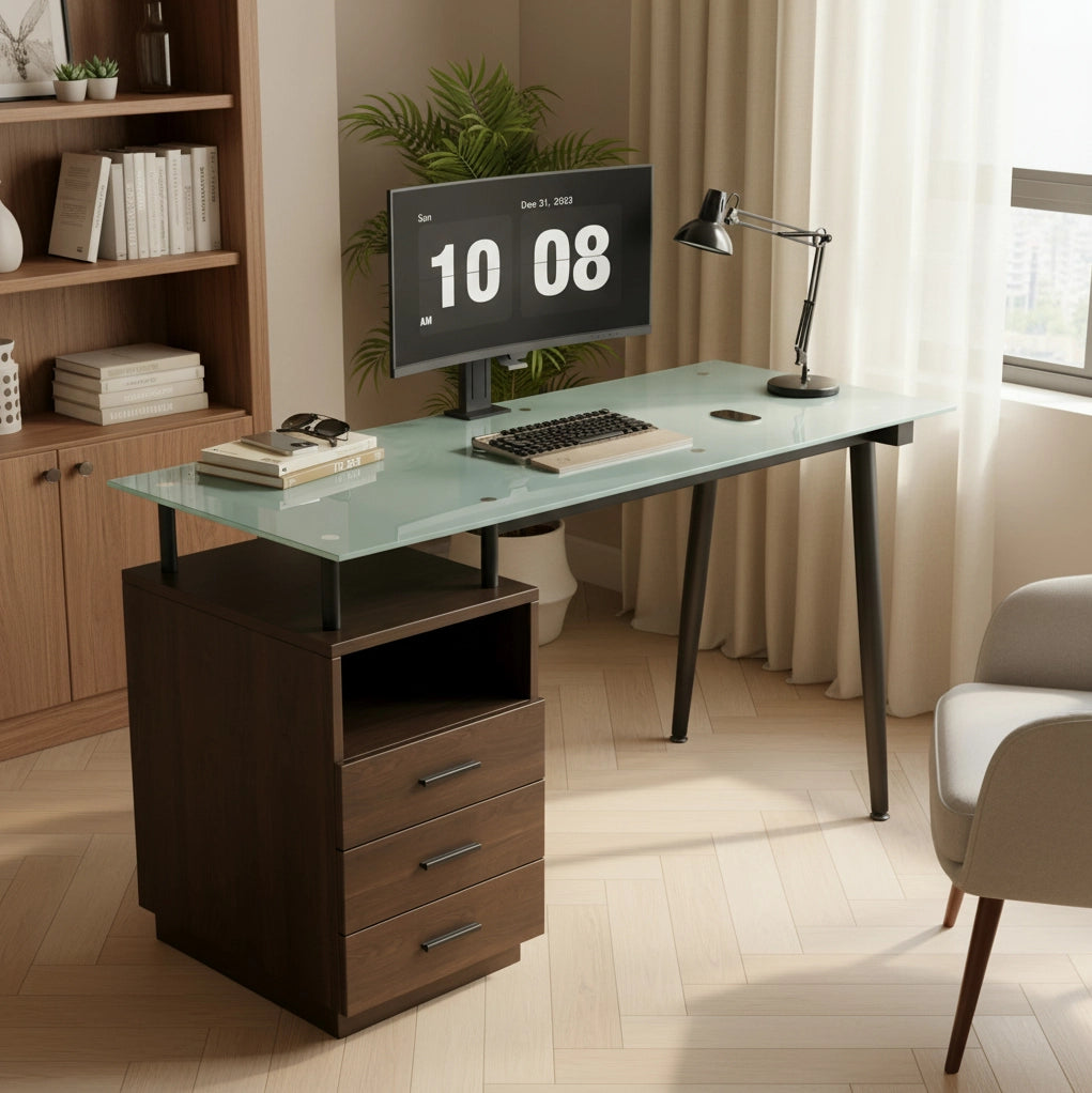 Scrivania 130x50x75 cm con tre cassetti e vano aperto in vetro satinato temperato; MDF e metallo; marrone