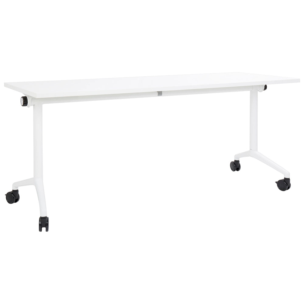 Scrivania rettangolare pieghevole con rotelle portatile con struttura in metallo bianco 180 x 60 cm stile moderno
